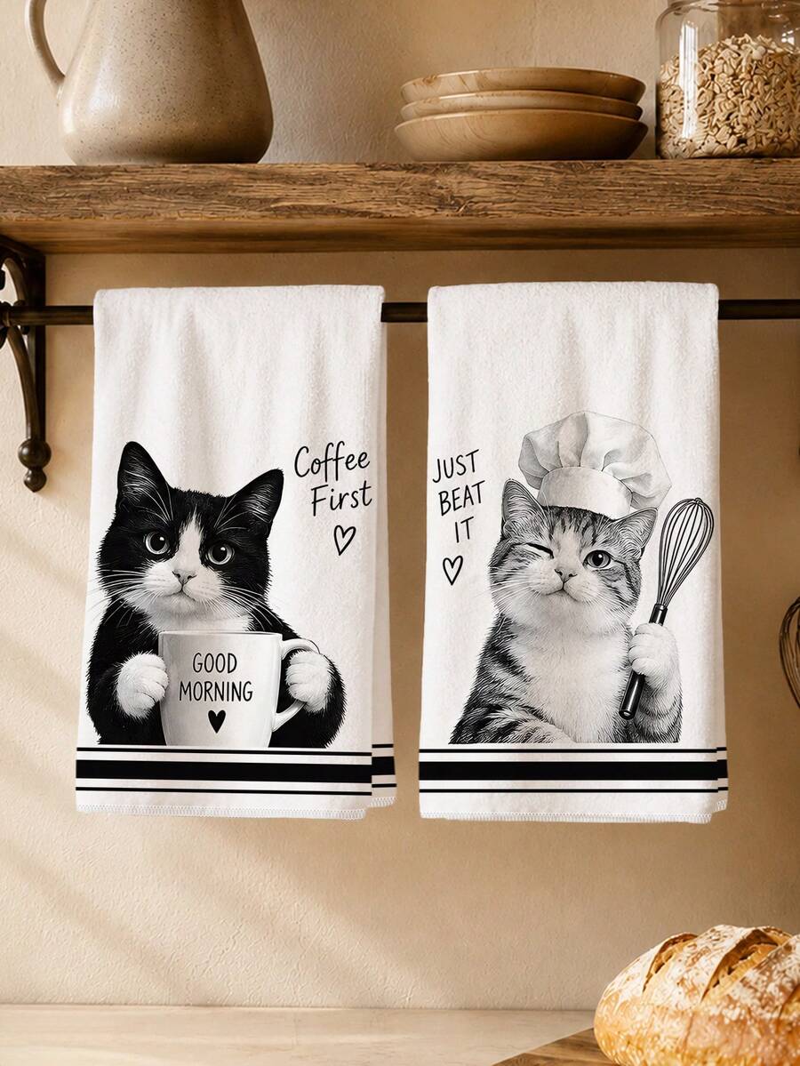 MEMNUN 2 chiếc khăn lau bếp in hình mèo phác thảo đen trắng, khăn lau bát đĩa bằng sợi microfiber polyester siêu mịn, khăn tay trang trí nhà hình mèo đầu bếp cà phê hài hước, khăn treo trang trí nhà và bếp, phù hợp cho nhà hàng, bếp, trang trí nhà và làm quà tặng, 40*60cm/45*70cm - Nhiều màu - Xem 1