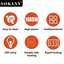 SOKANY 08127 Pembuat Roti Lapis dan Sarapan Multifungsi, Daya Tinggi 1400W, Dengan Indikator LED, Pemanasan Dua Sisi, 3 Piring Bermotif, Cocok Untuk Omelet, Steak, Hot Dog, Roti Lapis, Dll. - Hitam - View 5