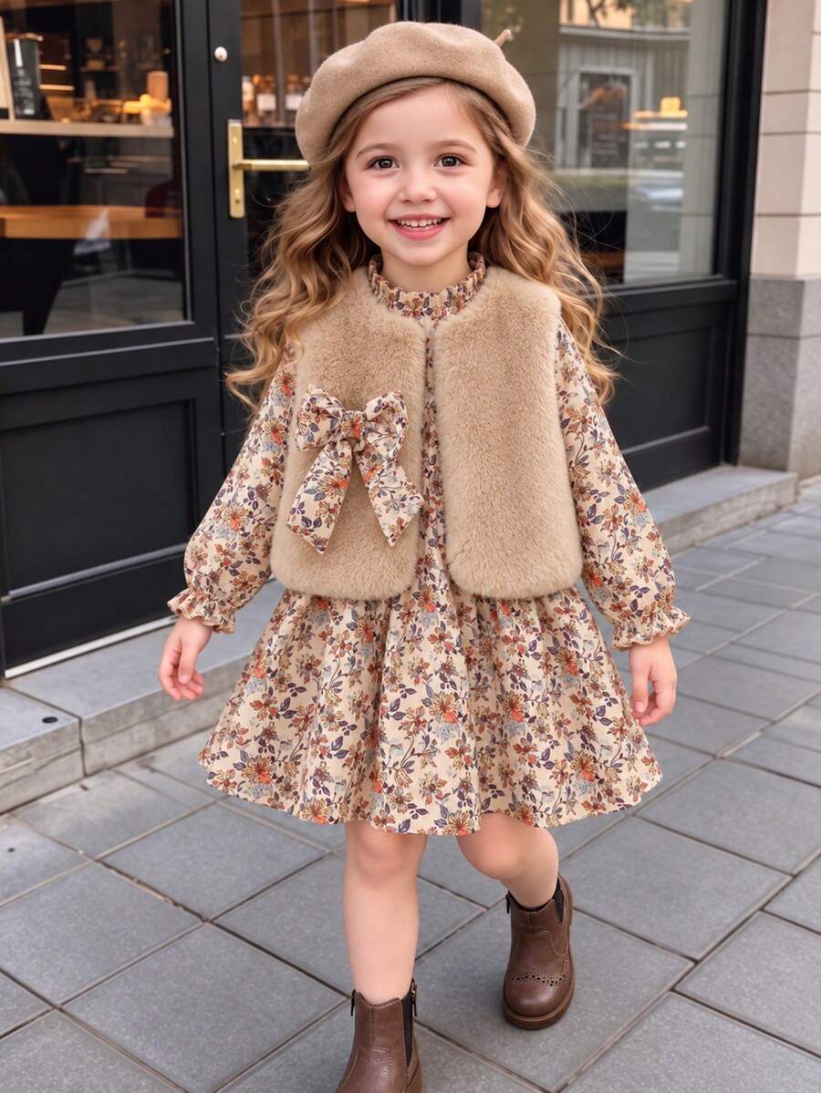 Young Girls Autumn 2pcs Set Solid Color Faux Fur Bow Sleeveless Vest + Corduroy Casual Dress - Brown - View 1