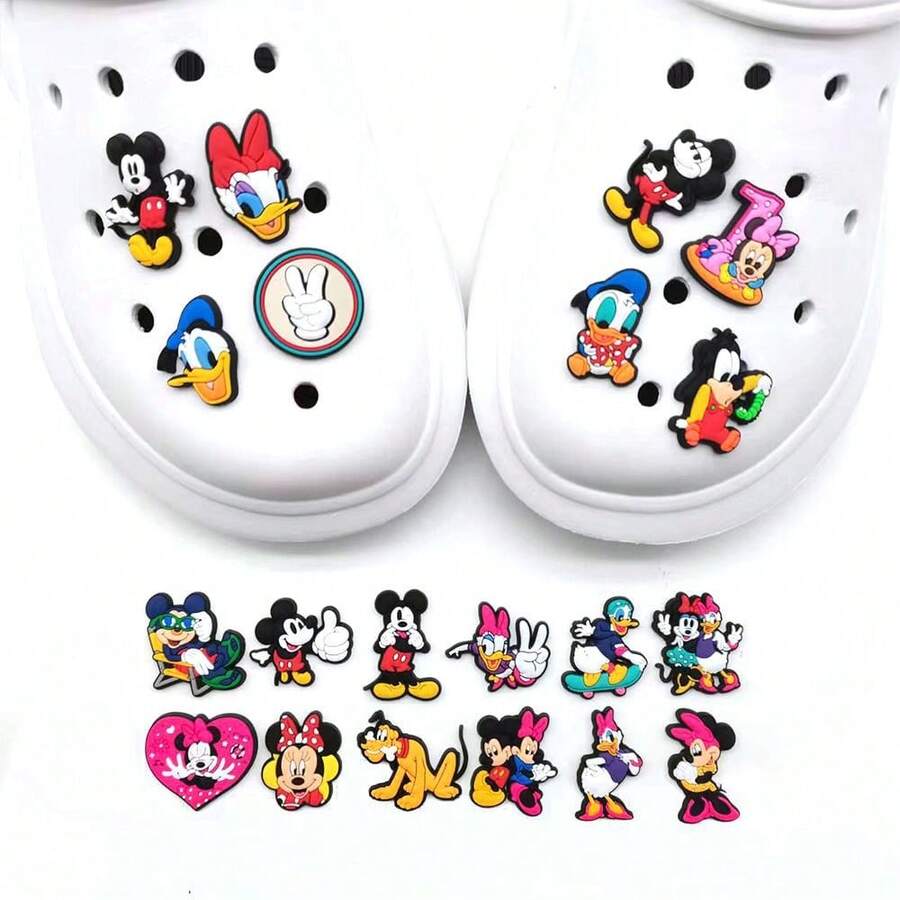 Disney 10pcs Classic Cartoon Character Shoe Charms, Mickey, Minnie And Donald Duck Design, Soft PVC Removable Decorations, Suitable For Clogs And Sandals - Multicolor - View 1