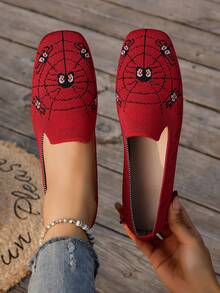 Women Spider Pattern Knit Slip On Flat Shoes, Square Toe Casual Breathable Flats For Daily Commute - Red - View 1