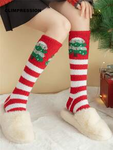 CLIMPRESSION Christmas Elf Knee-High Socks, Plush Coral Fleece Warm Slippers Socks With Pom Poms, Holiday Cosplay Indoor Floor Socks - Red - View 4