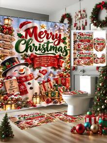 1/4pcs Christmas Theme Shower Curtain Set With Cute Snowman, Christmas Tree And Gift Box Pattern, 12 Hooks, Waterproof Polyester, Bathroom Curtain, Privacy, Thickened, Durable Quick Dry, 180*180cm Size, Christmas Bathroom Decor - A - View 3