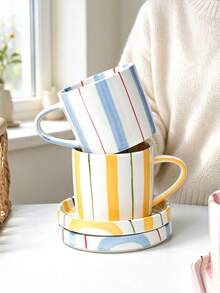Hand Painted Vertical Striped Ceramic Mug & Saucer Set, Aesthetic Pastel Coffee Cup For Latte, Milk Tea, Afternoon Tea, Cute Table Decor - Multicolor - View 3