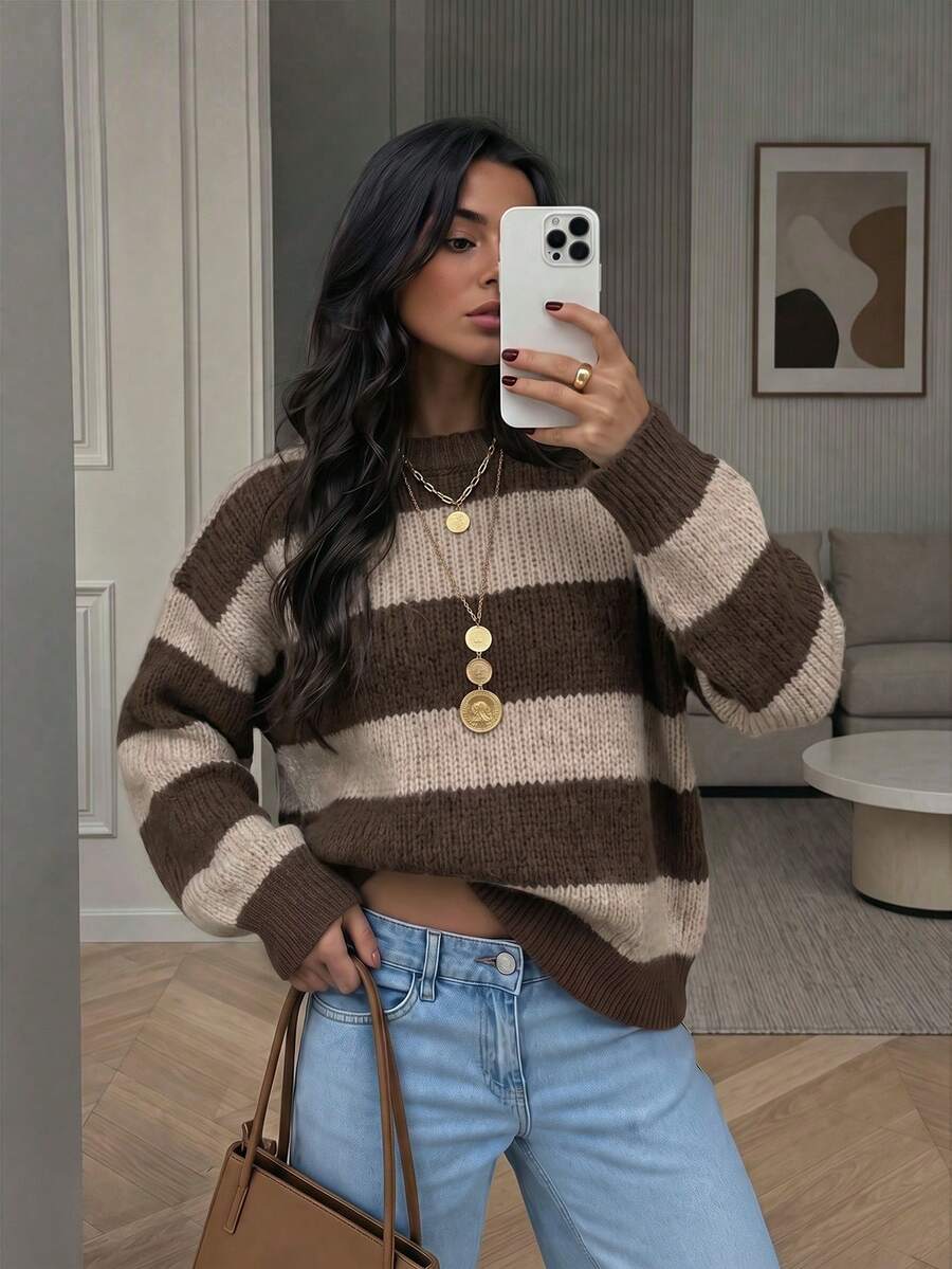 Women's New Autumn Contrast Stripe Round Neck Long Sleeve Knit Top, Casual Commute Daily Wear - Black Coffee & Khaki - View 1