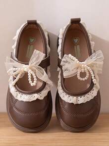 Girls Sweet Princess Style Leather Shoes, Lace Pearl Bow Decor, Non-Slip Soft Sole Children's Mary Jane Shoes - Brown - View 2