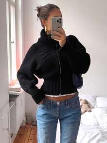 女款時尚針織開襟衫，翻領設計，雙拉鍊 - 黑色 - 查看 1