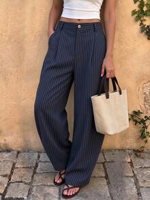 Aflion Women's Elegant White High-Waist Lantern Wide Leg Pants, Soft Textured Fabric, With Back Pockets - Navy Blue - View 6