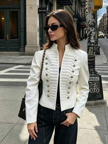 Vintage Women's Autumn/Winter Casual Elegant Fashion Glamorous Napoleon Style Gold Button Double-Breasted Decorated Stand Collar Short Jacket For Party, Outing, Daily Wear And Celebration - White - View 1