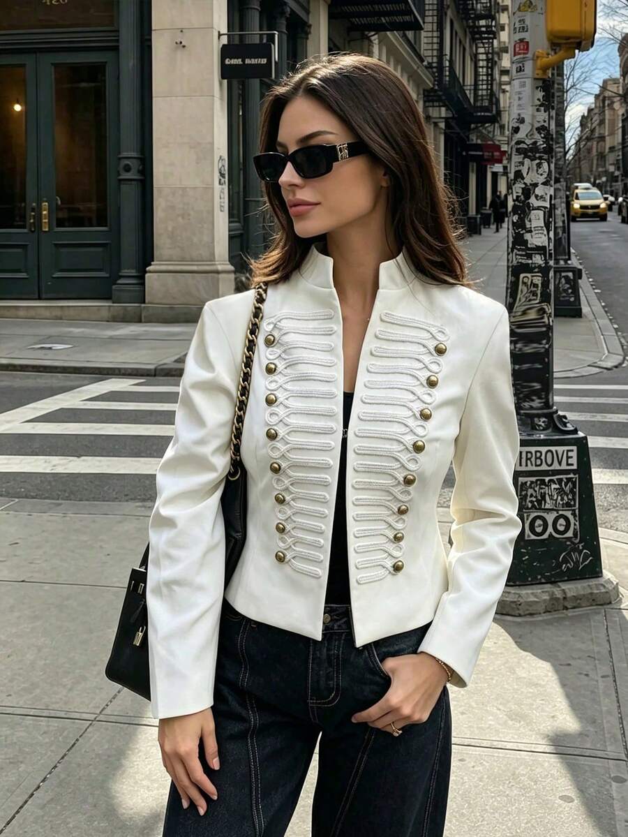 Vintage Women's Autumn/Winter Casual Elegant Fashion Glamorous Napoleon Style Gold Button Double-Breasted Decorated Stand Collar Short Jacket For Party, Outing, Daily Wear And Celebration - White - View 1
