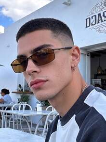 Men's Classic Metal Square Frame Fashion Glasses, Rectangular Dark Lenses, Business Style, Versatile For Daily Wear, Driving, Fishing, Cycling, Sports - Multicolor - View 5