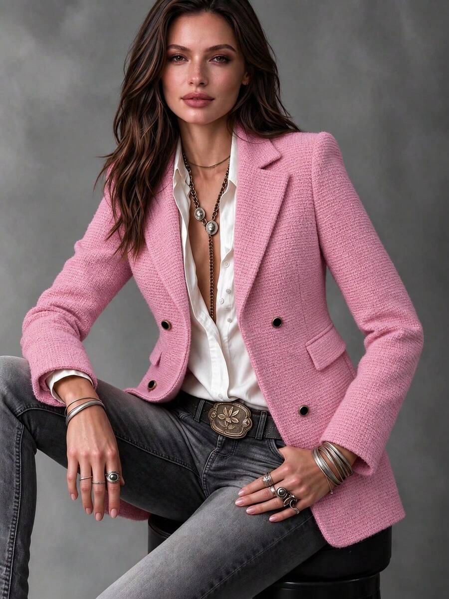 Women's Elegant Preppy Double-Breasted Blazer, Loose Fit, Exquisite Commuter Style Classic Pocket Outerwear - Pink - View 1