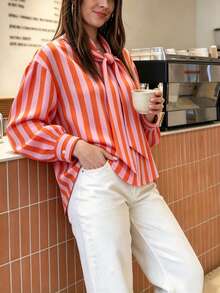 Plus Size New Vintage Colorblock Vertical Stripe Bowknot Loose Fit Long Sleeve Blouse, Flattering Commuter Versatile Top - Pinkish Orange - View 4