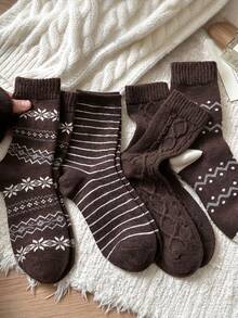 1/4/8 Pairs Women'S Vintage Brown Mid-Calf Socks With Snowflake, Cable, Or Stripe Patterns. Perfect For Fall And Winter-Great With Snow Boots Or Retro Dresses - Multicolor - View 3