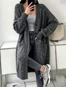 Plus Size Casual Fashion Versatile V-Neck Button Pocket Long Sleeve Knit Long Cardigan - Dark Grey - View 1