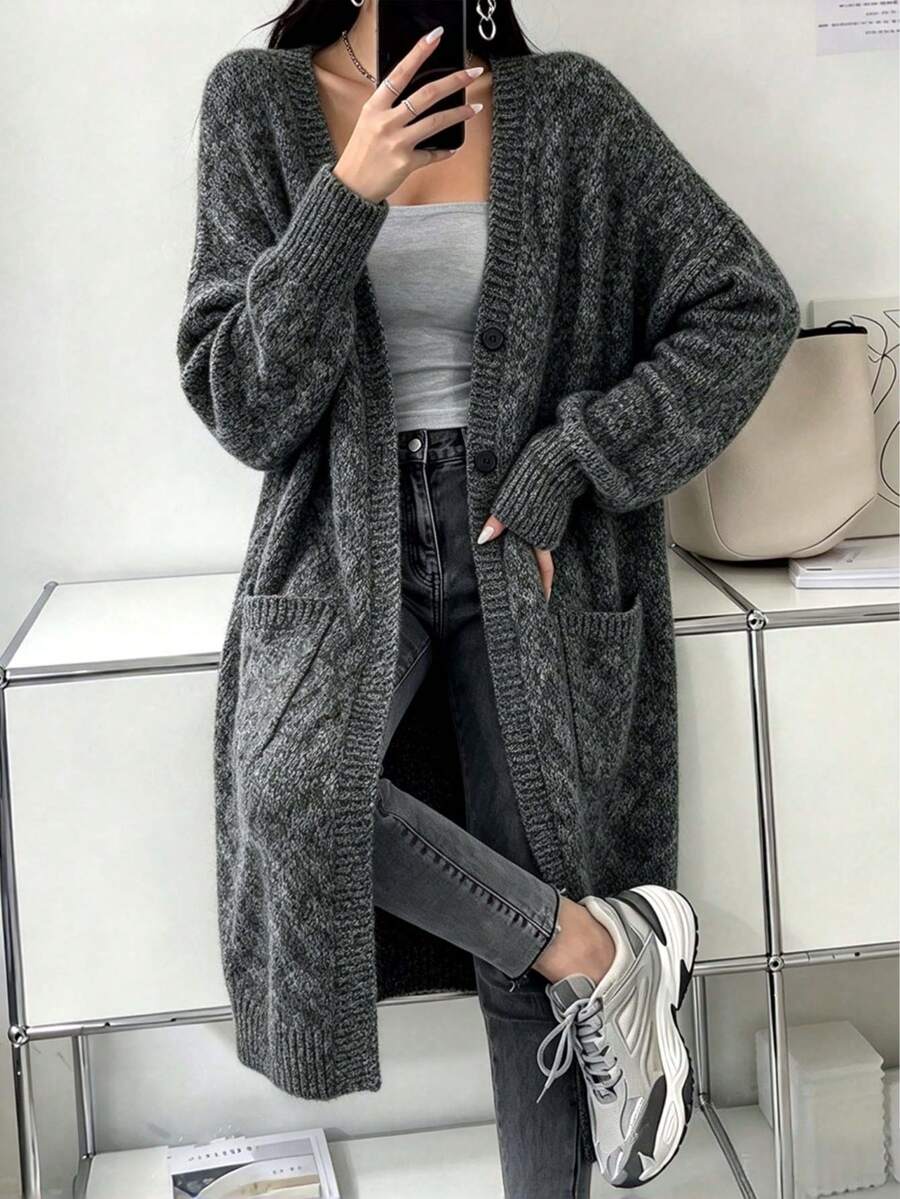 Plus Size Casual Fashion Versatile V-Neck Button Pocket Long Sleeve Knit Long Cardigan - Dark Grey - View 1