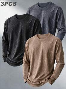 SU ER 3pcs Men's Spring/Autumn Versatile Vintage Washed Distressed Long Sleeve T-Shirts - Multicolor - View 1