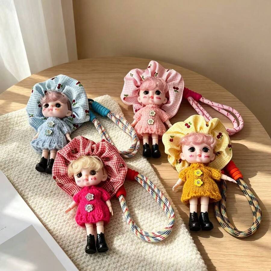 1pc Cute Random Hair Color Doll Keychain, Movable Joints, Kawaii Curly Hair Doll Bag Charm With Bear Button Overalls, Suitable For Backpack And Handbag Decoration, Gift For Girls - Multicolor - View 1