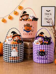 Personalized Halloween Basket, Plaid Pattern Halloween Trick Or Treat Bag, Customizable Name, Halloween Candy Bucket, Halloween Storage Basket Gift - Multicolor - View 5