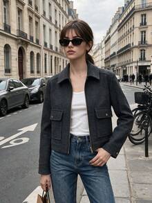 Women's Soft New Autumn/Winter Zip-Up Short Jacket, Long Sleeve With Pockets, Aviator Style - Dark Grey - View 4