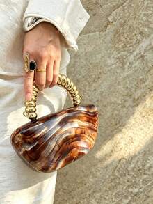 Light Luxury Gold Bead Handle Acrylic Hard Shell Bridal Evening Bag,Marble Pattern Asymmetrical Clutch,Fashion Handbag For Wedding Ceremony,Party - Coffee - View 7
