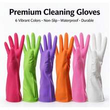 1 Pair Reusable Rubber Cleaning Gloves, Waterproof Non-Slip Dishwashing Gloves For Kitchen Bathroom Laundry, 6 Colors - A - View 5