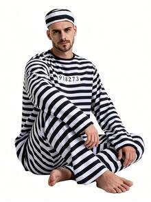 1 Set Halloween Cosplay Anime Prisoner Costume Classic Striped Prisoner Stage Outfit Performance Costume Men's Prisoner Outfit - Black and White - View 2