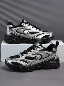 Men's Mesh Breathable Dad Sneakers, Thick Sole Height Increasing Wear-Resistant Casual Shoes, Lace-Up Functional Style Daily Travel Running Shoes - Black And Silver - View 4