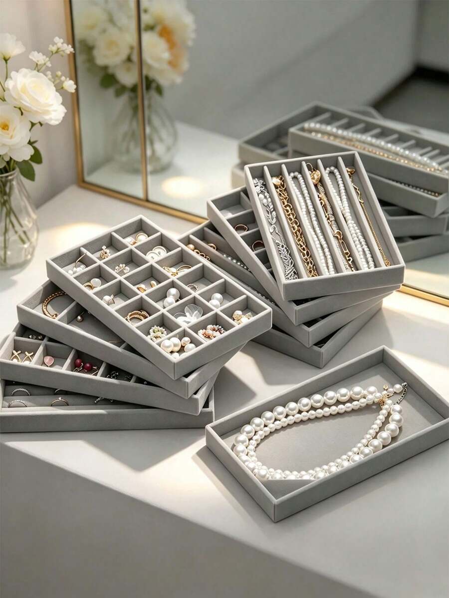 1-9pcs Velvet Jewelry Tray Set, Large Capacity, Independent Compartments, Stackable Jewelry Display Stand For Earrings, Necklaces, Bracelets, Rings, Hair Clips - Multicolor - View 1