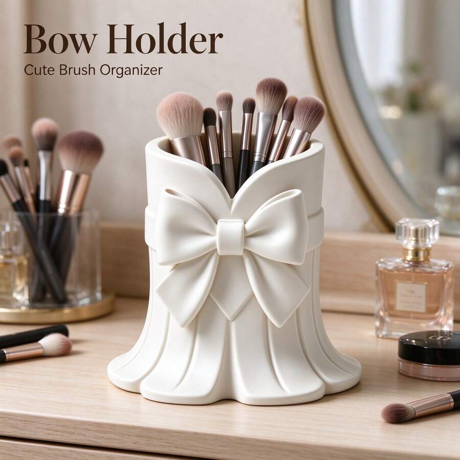 Cream White Matte Bow Petal Pen Holder, 3D Large Bow Vertical Fluted Flower Mouth PP Storage Tube, Modern Girly Style Vanity Desktop Makeup Tool Organizer, Ins-Inspired Design, High-End Sweet Cute - Makeup Brush Holder - View 1