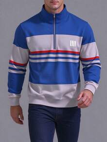 Men's Colorblock 1/4 Zip Stand Collar Sweatshirt, Vintage Sporty Striped Print Pullover, Autumn/Winter - Multicolor - View 2