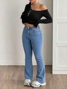Women's High-Waisted Flared Jeans, High Stretch, Available In Two Colors With Distressed Pocket Details - Medium Wash - View 2