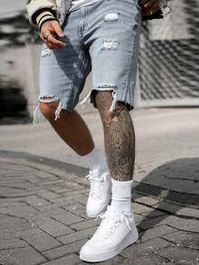 Men's Lightweight Summer New Fashion Distressed Thin Denim Shorts - Light Wash - View 1