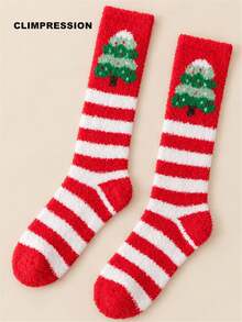 CLIMPRESSION Christmas Elf Knee-High Socks, Plush Coral Fleece Warm Slippers Socks With Pom Poms, Holiday Cosplay Indoor Floor Socks - Red - View 3