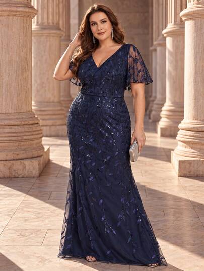 Plus Size Women V-Neck Sequin Embroidery Mesh Mermaid Dress, Formal Evening Gown For Valentine's Day Date, Navy Blue Spring Party Elegant Fall Wedding