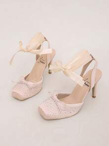 Pink Rhinestone Square Toe Stiletto High Heel Sandals For Women, Satin Bowknot Strap Closed Toe Open Back Party Dress Shoes - Pink - View 1