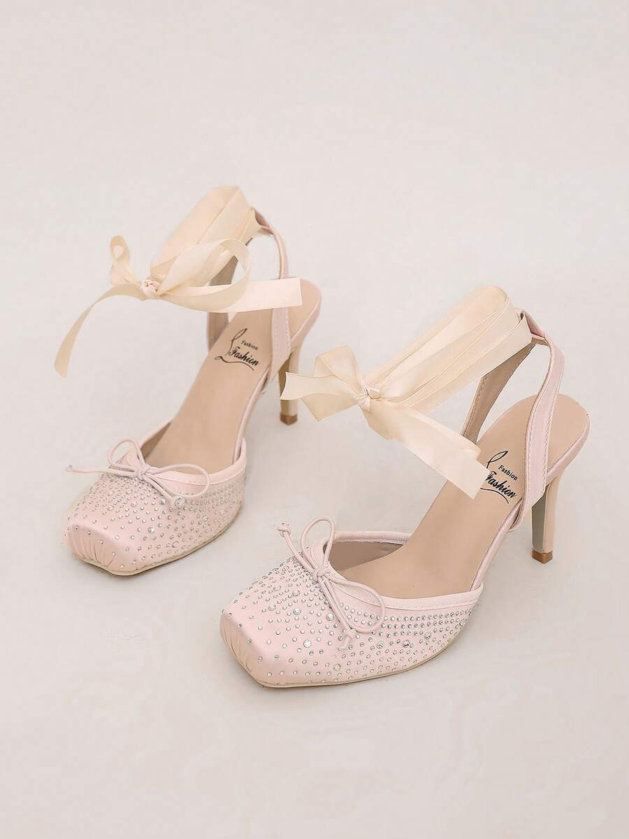 Pink Rhinestone Square Toe Stiletto High Heel Sandals For Women, Satin Bowknot Strap Closed Toe Open Back Party Dress Shoes - Pink - View 1