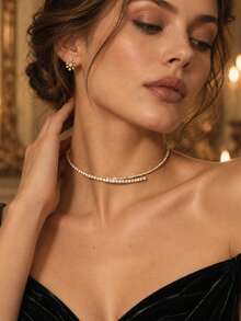 outingfit 1pc New Rhinestone Open Collar Necklace, European And American Fashion High-End Party Choker Necklace For Women - Gold - View 3