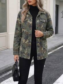 Women's Casual Long Sleeve Jacket With Button Camouflage Print And Pockets - Camouflage Color - View 5