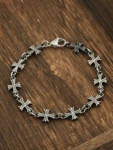1pc Fashionable Minimalist Cross Pattern Men's Bracelet, Cross-Linked Design Men's Accessory, Suitable For Daily Wear, Holiday, Birthday, Anniversary Gift For Friends - Silver - View 4