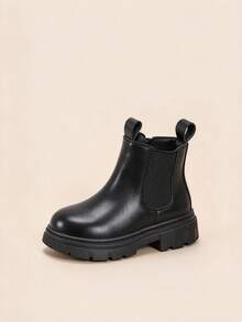 Girls' British Style Chelsea Boots, Black Glossy Finish, Versatile Boots For Autumn/Winter - Black - View 4
