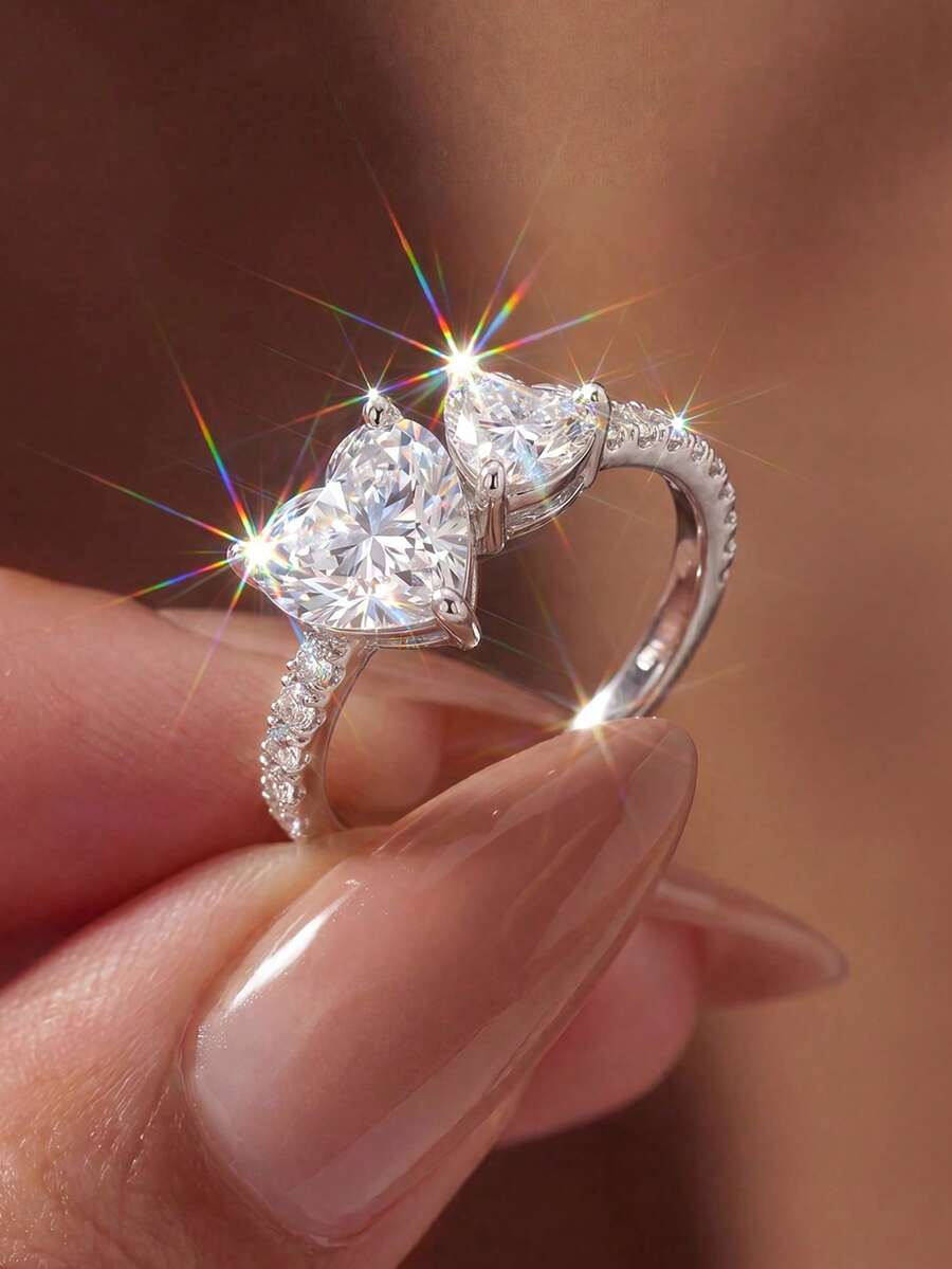 1pc Women's Heart-Shaped Diamond Ring, Suitable For Mother's Day, Valentine's Day, Birthday, Couples, Can Be Layered With Romantic Thin Rings, Exquisite Jewelry Gift