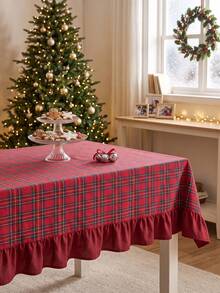 1pc Red Background Green & Black Plaid Tablecloth, Christmas Holiday Style Fabric Material, Rectangular With Scalloped Hem Design, Decorative Tablecloth For Christmas And Winter Home Decor - Red - View 6