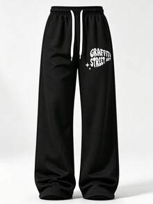 1pc Women's Graffiti Letter Print Wide Leg Sweatpants, Soft Comfortable Breathable Jogging Fitness Sports Long Pants, Spring Autumn - Black - View 4