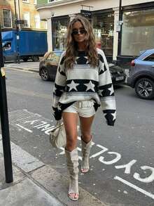 Star Pattern Striped Oversized Sweater, Crew Neck Long Sleeve Rib Knit Pullover, Black And White Casual Winter Outfit With Stretch Comfort - Black and White - View 4
