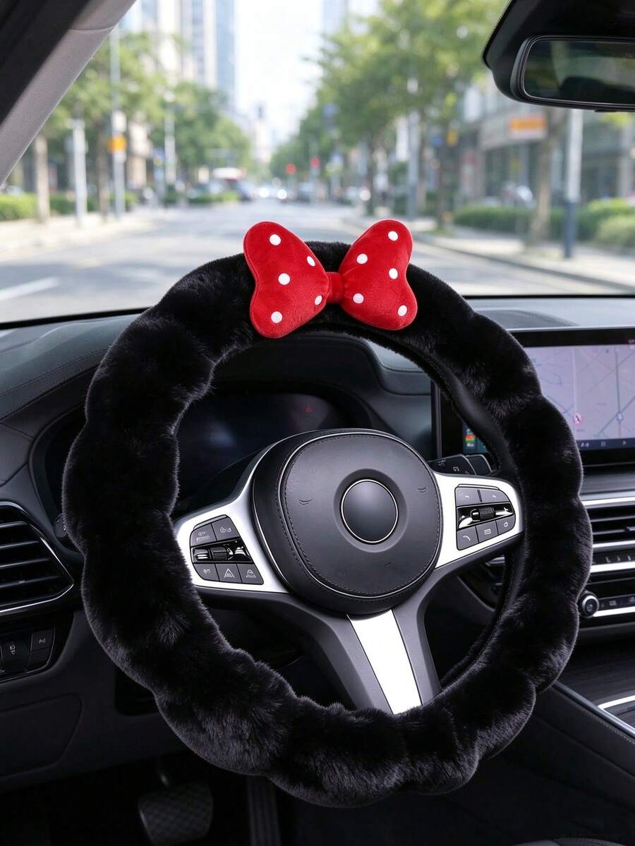 1PC Car Bubble Plush Wavy Round Steering Wheel Cover, Cute Warm Car Interior Decoration Bowknot Steering Wheel Cover - Multicolor - View 1
