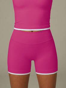 UONNOU 女款掛脖抓皺短版上衣與高腰蜜桃提臀無縫短褲，修身運動套裝 - 玫紅色 - 查看 5