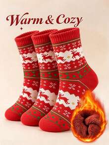 1/3/6 Pairs Unisex Red Cartoon Reindeer Mid-Calf Socks, Fleece Lined Thickened Warm Winter Socks, Soft Comfortable Warm Socks, Suitable For Indoor Home Leisure Wear, Christmas Gift Socks - Red - View 6