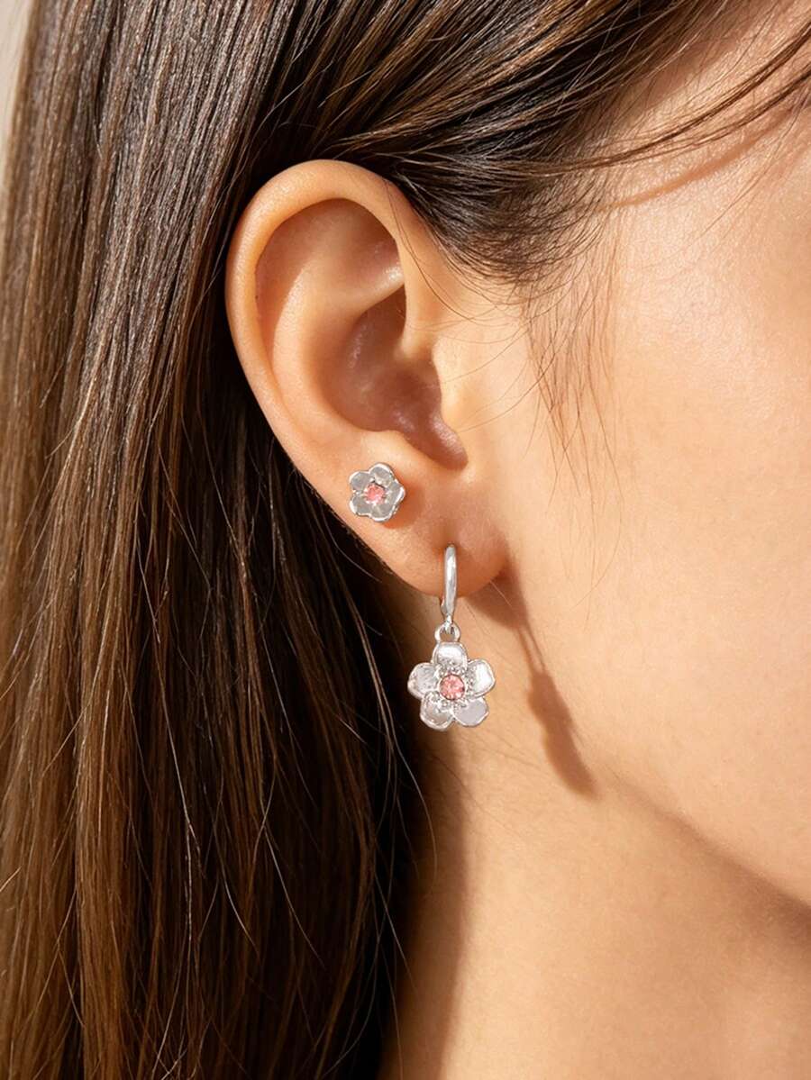 Fresh Pink Diamond Flower Stud Earrings & Ear Clips 2pcs Set, Sweet Floral Design Earring Set, Daily Girly Style Earrings - Multicolor - View 1