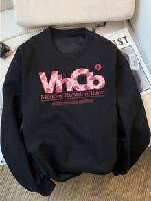 Women's Sweet Cool Pink Camo Letter Print Crew Neck Sweatshirt, Contrast Color Design, Loose Drop Shoulder Black Casual Pullover Top For Autumn - Black - View 3